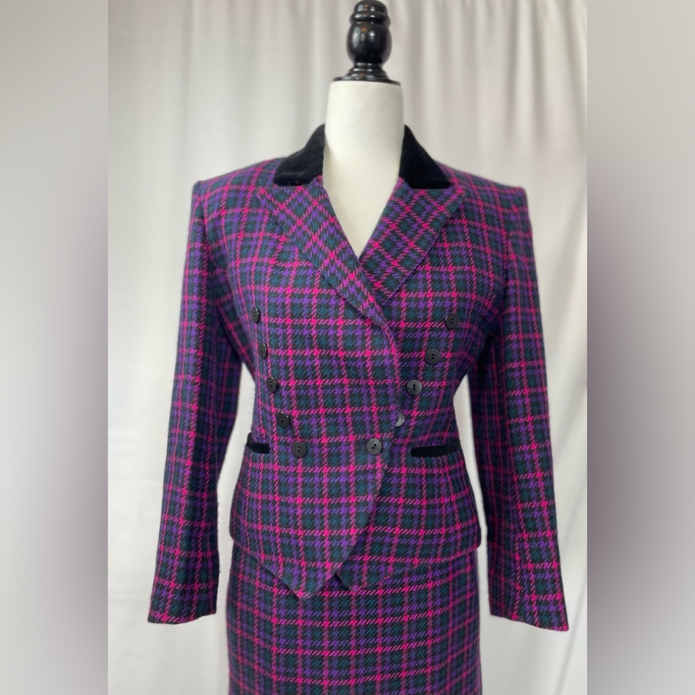 Matching Set Made in England 💯 Wool Précis Plaid Double Breasted Blazer -VTG 10